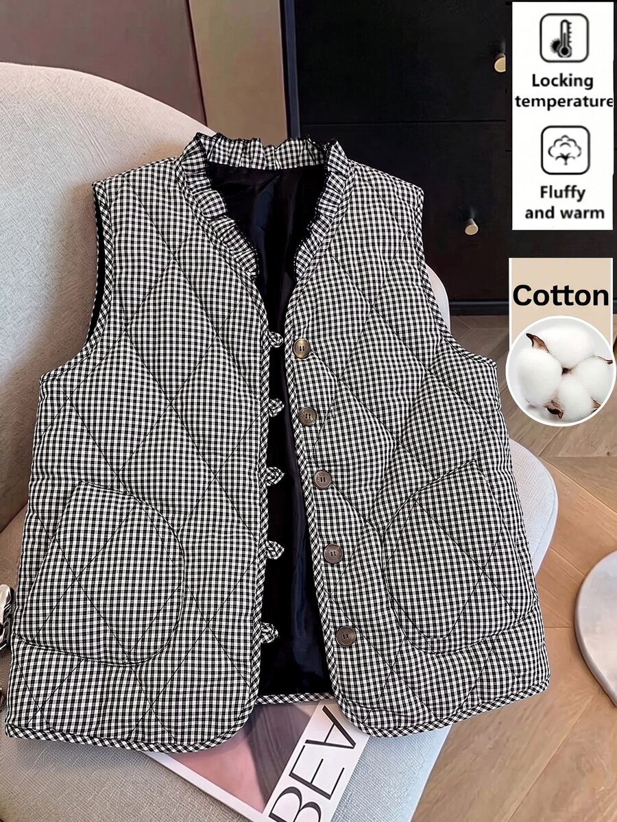 SHEIN Clasi 女款單排扣休閒格紋菱格背心冬外套 - 黑與白 - 查看 1