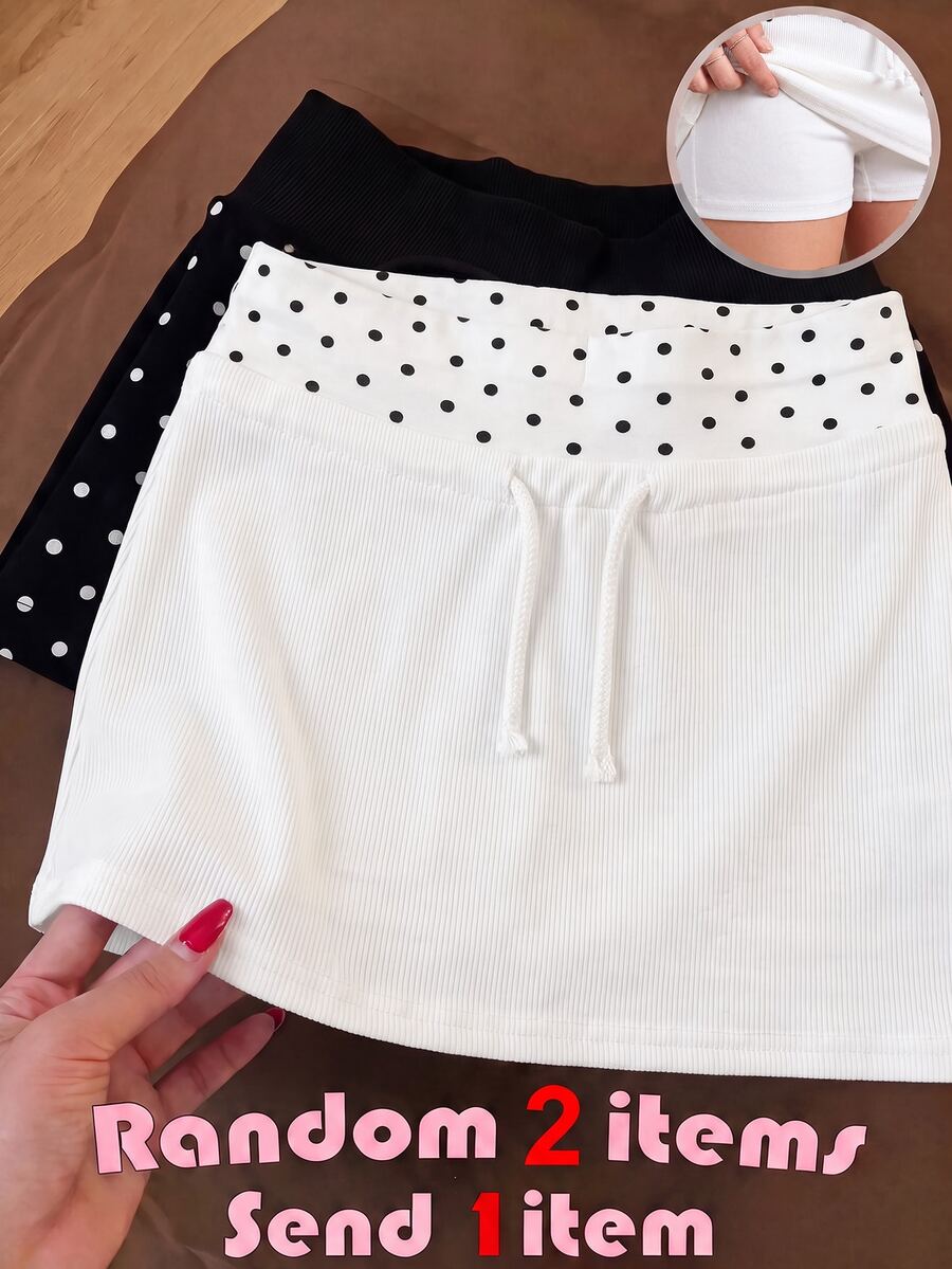 SHEIN Tween Girls Skirts Knitted Small Polka Dot With Built-In Leggings Casual Drawstring Skirt - Black and White - View 1