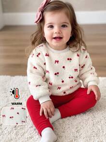 SHEIN Baby Girl Knitted Plush Pattern Crew Neck Casual Sweatshirt And Long Autumn Pants 2-Piece Set Red Christmas Cute Warm Winter Fluffy Comfy Soft - Multicolor - View 1