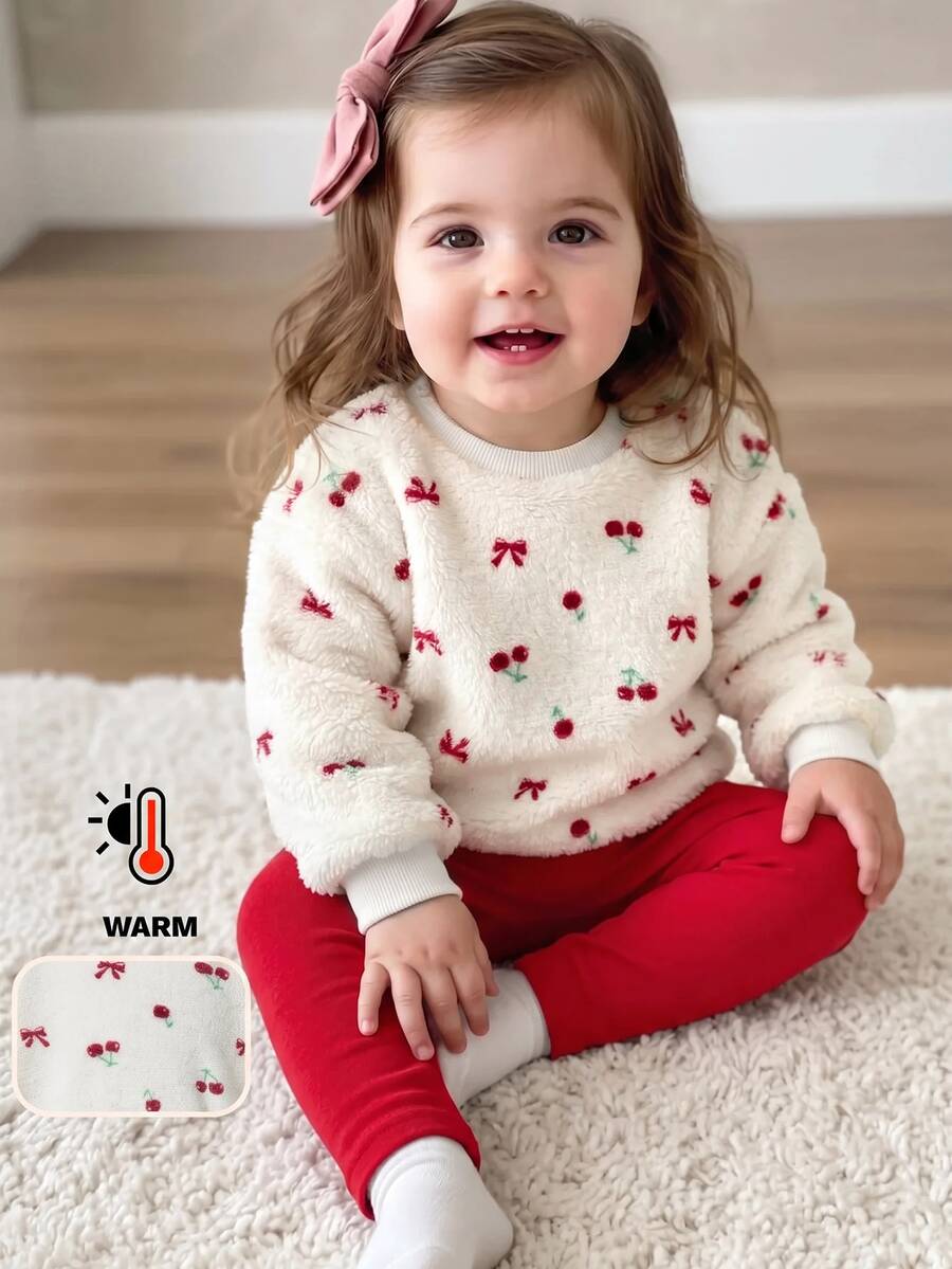 SHEIN Baby Girl Knitted Plush Pattern Crew Neck Casual Sweatshirt And Long Autumn Pants 2-Piece Set Red Christmas Cute Warm Winter Fluffy Comfy Soft - Multicolor - View 1