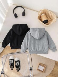 SHEIN 2件組嬰兒男孩女孩可愛百搭極簡純色連帽外套 灰色連帽衫與黑色連帽衫 秋冬適用 - 彩色 - 查看 3