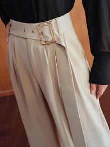 MOTF PREMIUM WOMEN'S SOLID COLOR BUCKLE BELT LOOSE WIDE LEG SUIT PANTS - Khaki - View 2