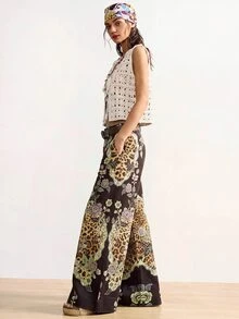 Bohemela Women's High Waist Baggy Wide Leg Floral Leopard Print Patchwork Denim Jeans With Belt Vacation Fall Boho - Multicolor - View 2