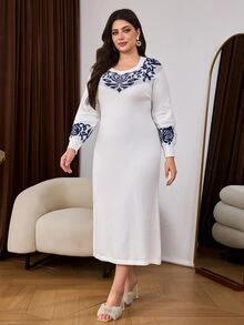 Lacomfia Plus Size Women's Geometric Pattern Long Sleeve Polar Fleece Knit Dress - Blue and White - View 6