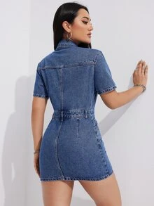 Flexra Petite Women's Sexy Bodycon Utility Short Sleeve Denim Dress - Medium Wash - View 2