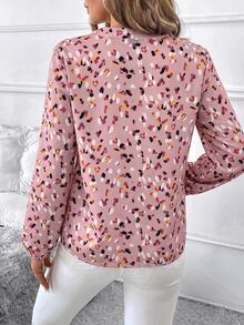 SHEIN Clasi 女款V領滿版印花休閒百搭日常長袖襯衫 - 粉色 - 查看 2