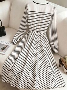 GlowEve Fall Clothes FOR WomenWomen's V-Neck Striped Casual Party Midi Dress - Black and White - View 2