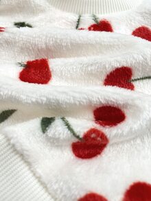 SHEIN 新生兒櫻桃圖案長袖衛衣與長褲休閒套裝 - 卡其色 - 查看 3