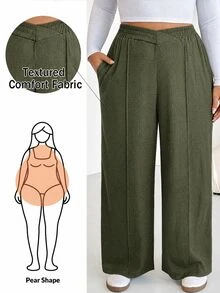 SHEIN Essnce Plus Size Women's Solid Color Casual Baggy Elegant Versatile Everyday Long Pants Fall Formal Vacation Olive Green Home Birthday - Army Green - View 7