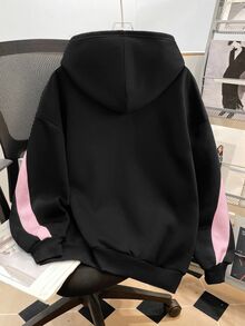 SHEIN 青少年女孩拼色字母印花寬鬆休閒連帽衛衣 秋冬款 - 彩色 - 查看 2