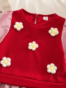 SHEIN 女童針織純色3D花朵拼接編織條紋泡泡袖休閒襯衫與長褲兩件套 - 彩色 - 查看 3