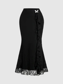 Sweetra Women's Black Knitted Lace Floral Low Waist Sexy Fashion Commute Metal Butterfly Decor Ribbon Asymmetrical Hem Fishtail Skirt, Spring Summer Autumn - Black - View 2