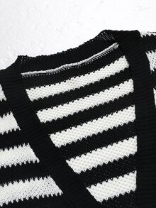 Linhara CURVE Jaket Kardigan Rajut Lengan Panjang Bergaris Tipis Ukuran Plus Wanita, Musim Gugur/Musim Dingin - Hitam dan Putih - View 5