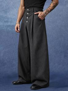 PAVTROS Men's Black Striped Long Pants, Button Fly Design, Minimalist Fashion Versatile Long Pants, Loose Casual Long Pants - Black - View 3