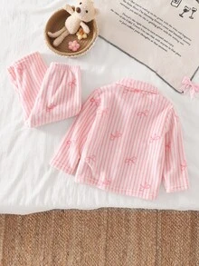 2pcs Baby Girl Soft Fluffy Pink Fleece Striped Bow & Heart Pattern Lapel Front Closure Long Sleeve Pants Pajama Set - Pink - View 2