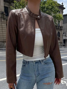 DAZY Women's Solid Color Fitted Short Stand Collar Long Sleeve Zipper Casual Street Vacation Spring Autumn PU Leather Jacket - Coffee Brown - View 4