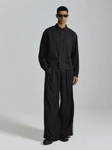 Musero Crop Length Boxy Oversized Drop Shoulder Pinstripe Shirt With Back Embroidery Patch Chest Pocket Co Ord Shirt Only Autum Winter Essentials - Black - View 1