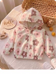 SHEIN 女嬰可愛休閒粉色花卉圖案連帽秋季外套 - 彩色 - 查看 1