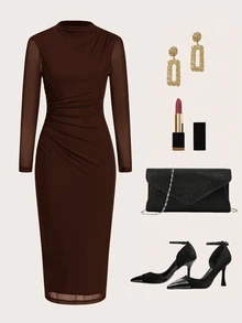 Ellevyn Gaun Midi Elegan Wanita Warna Polos Kerah Tegak Lengan Panjang dengan Detail Kerut dan Potongan Pas Badan - Coffee Brown - View 2