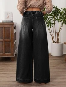 SHEIN CURVE+ Plus Size Women's Button Fly Casual Loose Wide Leg Denim Jeans - Black - View 4
