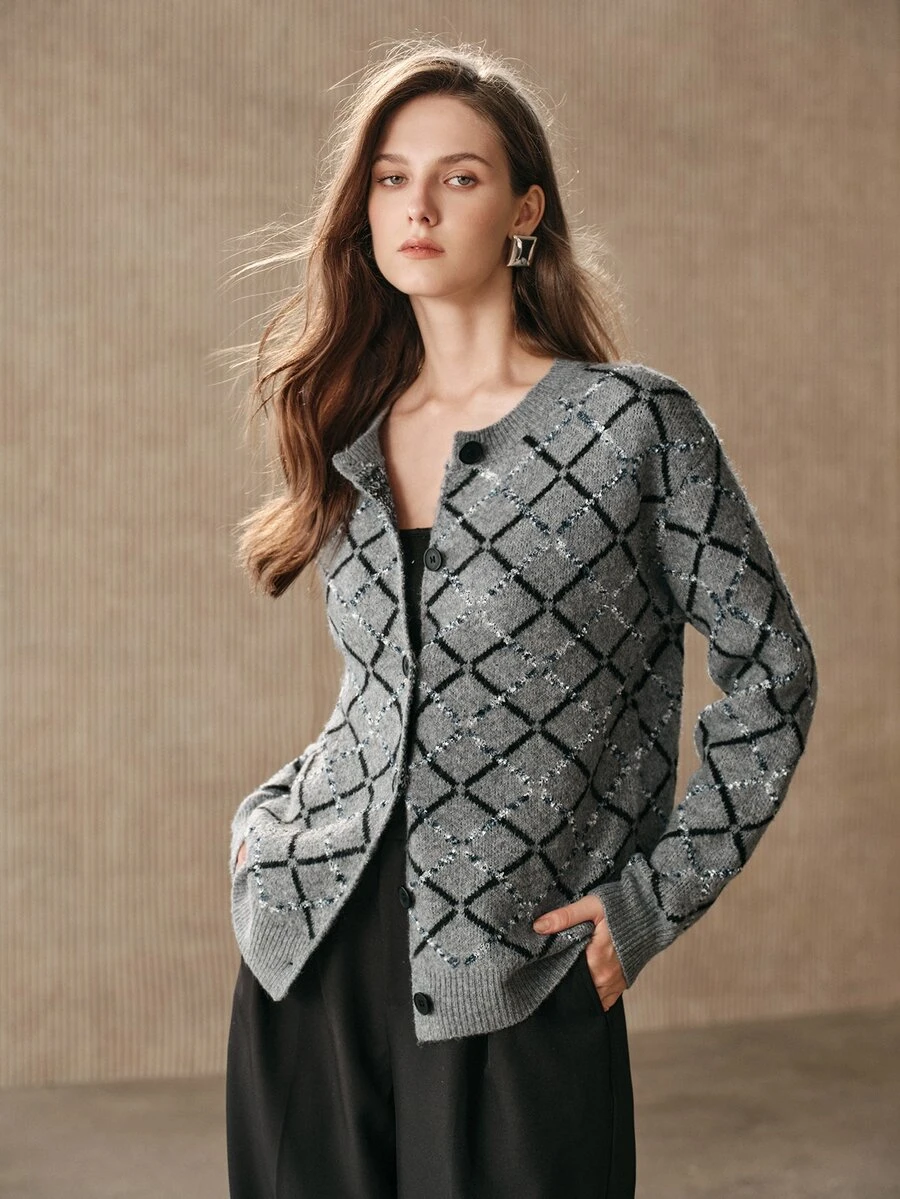 Anewsta Women's Winter Loose Comfortable Grey Knit Cardigan With Diamond Pattern For Outdoor Wear - Grey - View 1