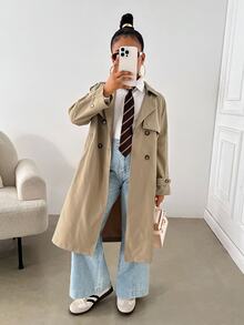 SHEIN 兒童青少年女孩時尚休閒卡其色梭織雙領鬆身長款風衣外套，秋冬款，休閒通勤街頭風 - 卡其色 - 查看 5
