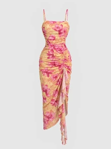 Lavishia Women's New Cold Shoulder Sexy Elegant Vacation Mini Dress, Mesh Floral Dress, Asymmetric Neckline Dress, Spring/Summer Outfit, Beachwear, Elegant Sexy, Vacation, Beach, Hawaii, Date, Party, Music Festival, Graduation Ceremony Dress, Prom Dress - Multicolor - View 4