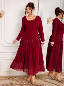 Modelyn Women's Elegant Floral Square Neckline Decor Fitted Elegant Plus Size Long Sleeve Dress - Burgundy - View 4