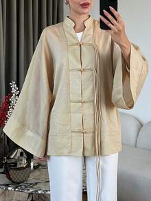 Lacomfia 女款優雅時尚新中式V領結扣裝飾直擺長袖大尺碼襯衫 - 杏色 - 查看 1