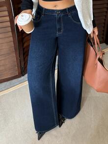 Dazy Plus Dark Wash Blue Vintage Denim Fitted Straight Leg Jeans, Elegant Versatile Long Jeans - Dark Wash - View 7