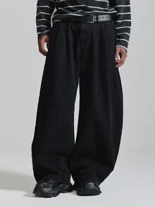 Musero Celana Jeans Denim Hitam Model Barrel Leg dengan Lipatan Pinggang dan Resleting, Pakaian Esensial Musim Gugur dan Musim Dingin - Hitam - View 2