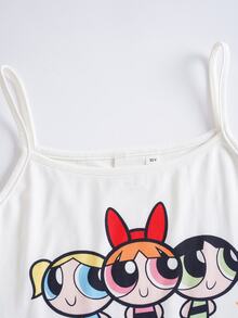 THE POWERPUFF GIRLS X SHEIN Tween Girl Cartoon Camisole And Shorts Casual Daily Home Sleepwear Set - White - View 6