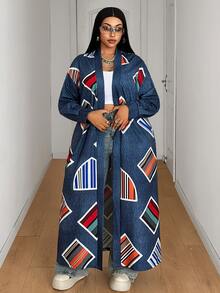Maweii Plus Size Women's Sexy Long Open Front Kimono Style Geometric Striped Print Denim Effect Digital Print Lantern Sleeve Loose Extra Long Cover-Up Jacket - Multicolor - View 4