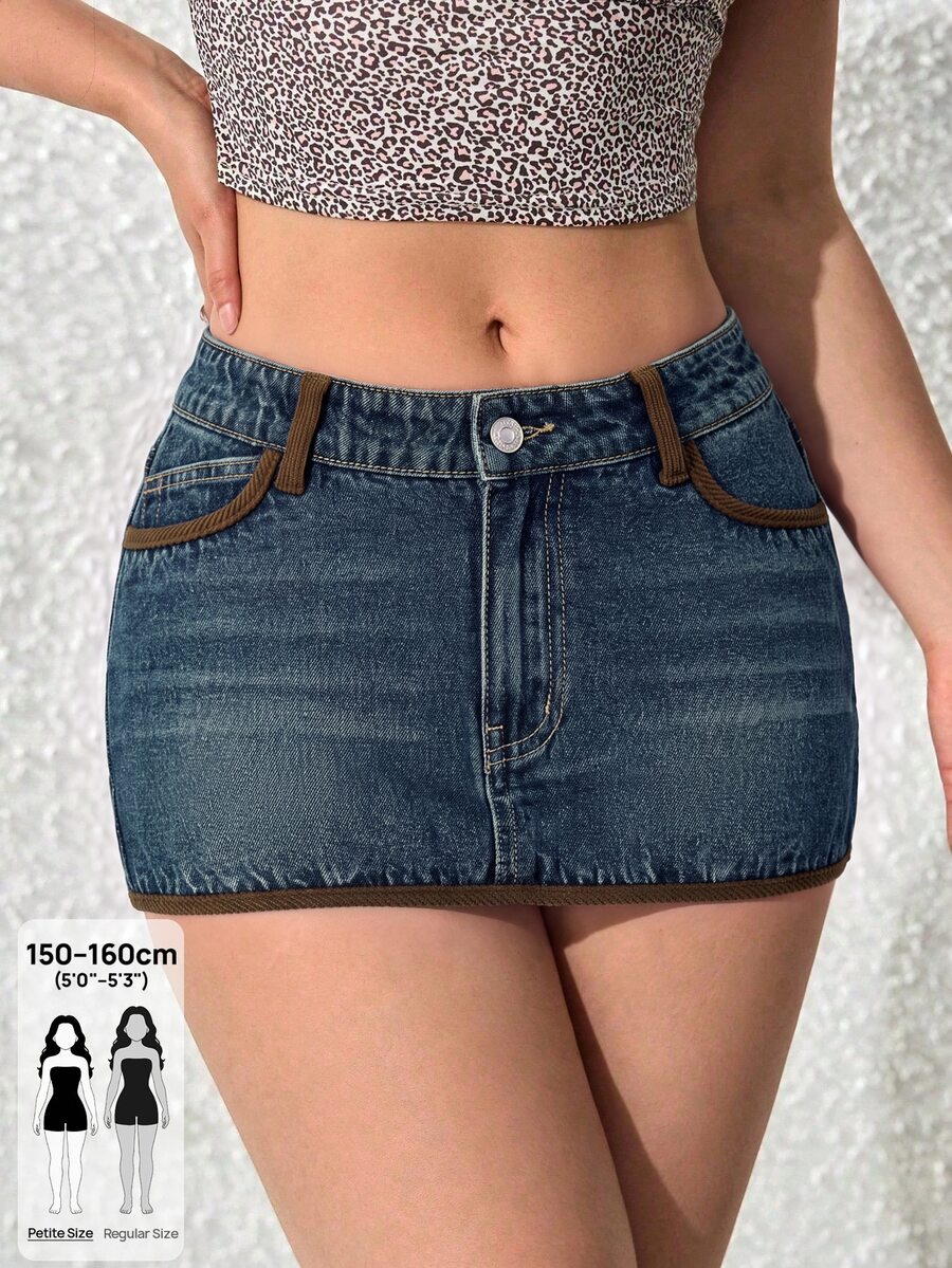 SHEIN PETITE 女款修身修邊休閒牛仔裙 - 深色水洗藍 - 查看 1