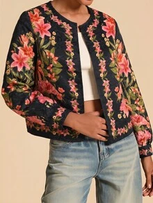 Travachic 女款時尚度假刺繡長袖復古夾克 - 黑色 - 查看 6