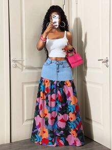 Slaydiva Women's Street Style Button Floral Print Patchwork Denim Skirt - Blue - View 4