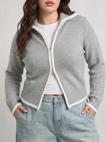 Solavibe Cardigan Wanita Ukuran Plus Motif Blok Warna Kasual Tradisional Serbaguna untuk Sehari-hari, Kantor Formal, Abu-abu, Musim Semi - Grey - View 1