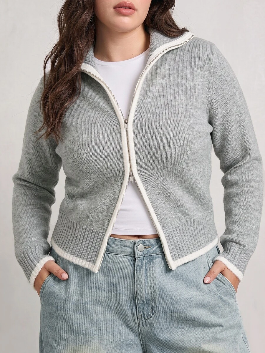 Solavibe Cardigan Wanita Ukuran Plus Motif Blok Warna Kasual Tradisional Serbaguna untuk Sehari-hari, Kantor Formal, Abu-abu, Musim Semi - Grey - View 1