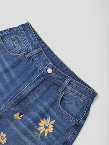SHEIN MOD 女款休閒日常牛仔褲，附口袋、鈕扣與花卉圖案 - 藍色 - 查看 5