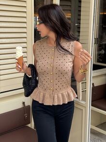 Serisse Women's Polka Dot Single-Breasted Ruffle Hem Knit Vest - Camel - View 6