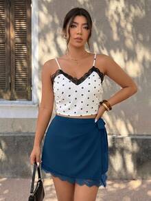 SHEIN Frenchy 大尺碼夏季休閒蕾絲拼接綁帶裹身短褲 - 水鴨藍 - 查看 7