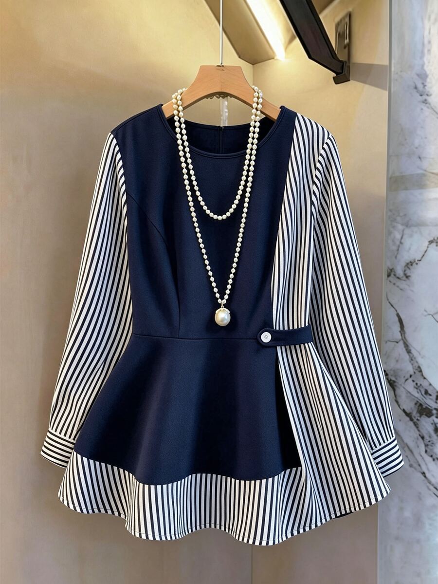 GlowEve CURVE Women's Spring/Summer Patchwork Striped 2 In 1 Ruffle Hem Long Sleeve Blouse, Mature Style For Commute/Work/Date/Outing - Navy Blue - View 1