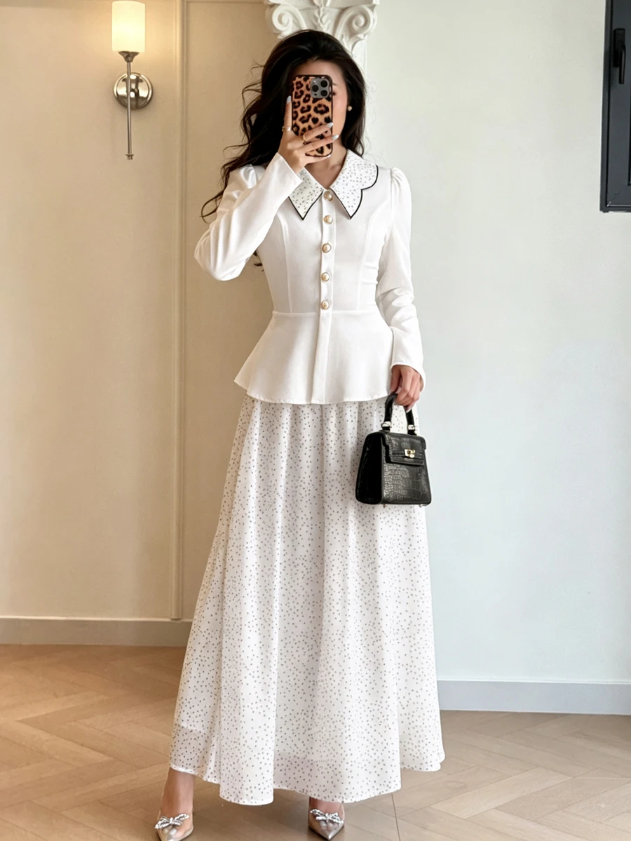 Modelyn Set 2 Potong Blus dan Rok Motif Polkadot Elegan untuk Wanita untuk Beraktivitas di Luar Rumah - Putih - View 1