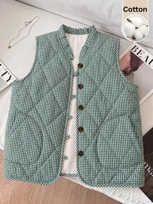 SHEIN Clasi Plaid Button Pocket Cotton Padded Vest Jacket - Dark Green - View 1