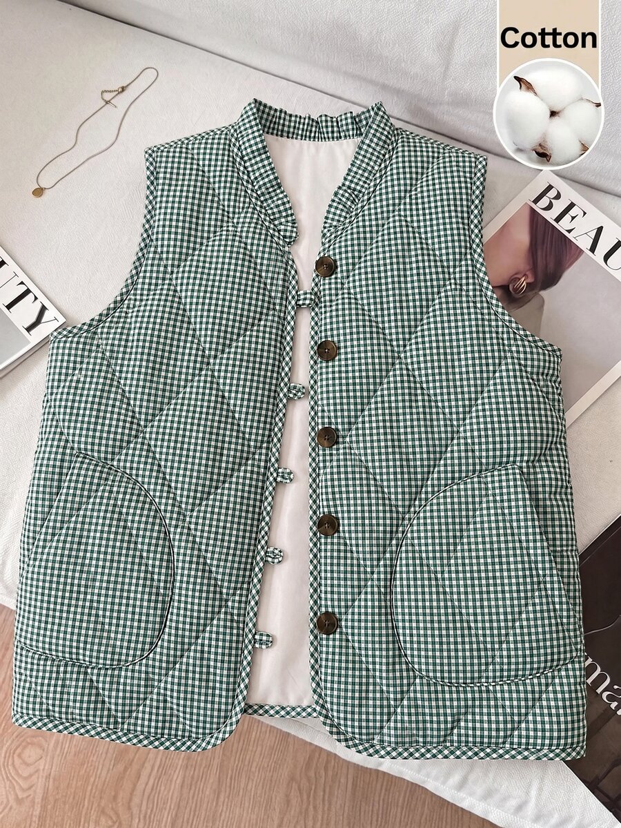 SHEIN Clasi Plaid Button Pocket Cotton Padded Vest Jacket - Dark Green - View 1