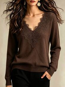 SHEIN Women's Lace Patchwork Casual Daily Long Sleeve Sweater - Brown - View 5