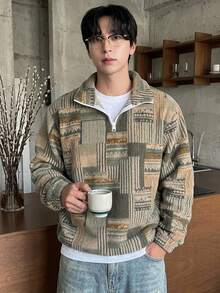DAZY 秋冬半拉鍊抓絨數位迷彩格紋街頭風男士運動衫 - 棕色 - 查看 1
