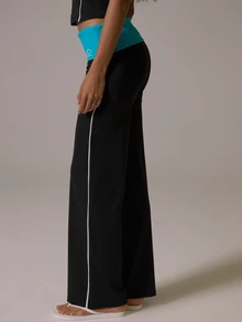Musera Sport Contrast Colour Foldover Waist Contrast Colour Piped Side Straight Leg Yoga Style Coord Pants Fall Autumn Winter Gym Active Pilates Motion - Black - View 3