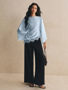 Poéselle Women's French Gentle Lace Patchwork Asymmetrical Hemline Blouse - Dusty Blue - View 5