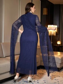 Reflora Plus Size Autumn/Winter Party Evening Lace Patchwork Fitted Elegant Dress Fall - Navy Blue - View 2